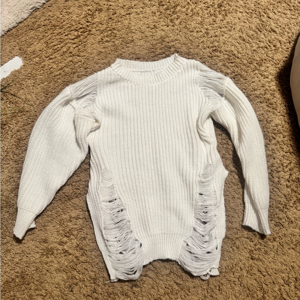 White Distressed Knit Sweater
